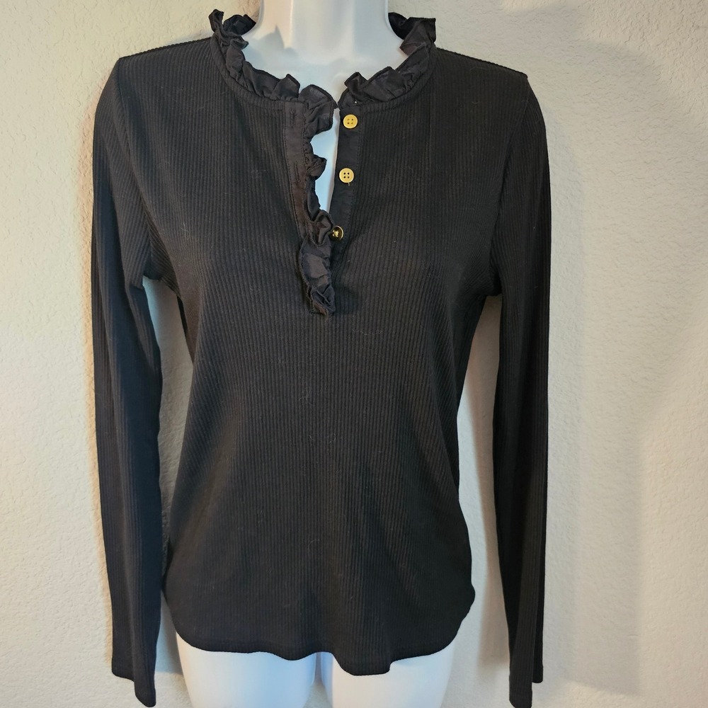 J. Crew black medium long sleeve gold button ruffle collar henley preppy capsule